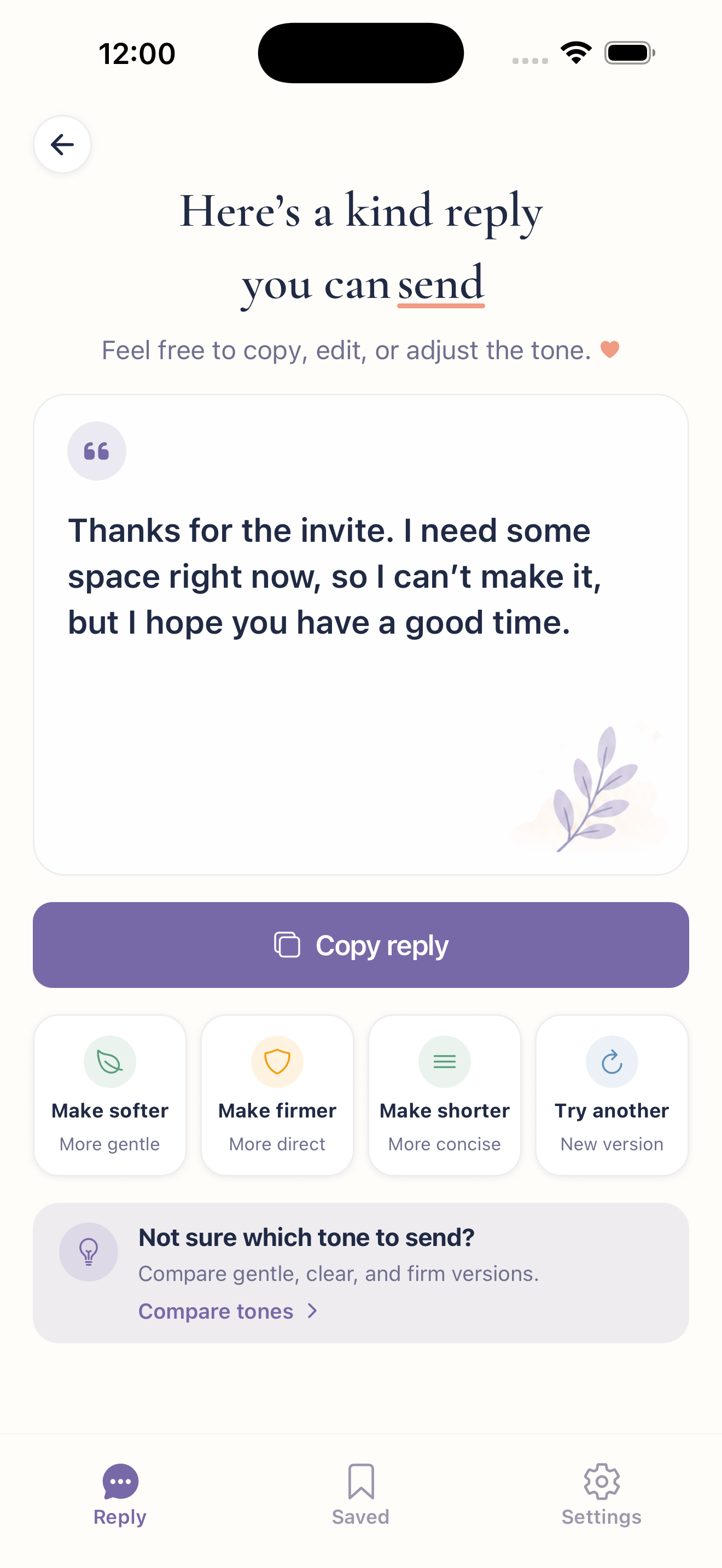 Replio on iPhone — three ready-to-send replies for an awkward ask